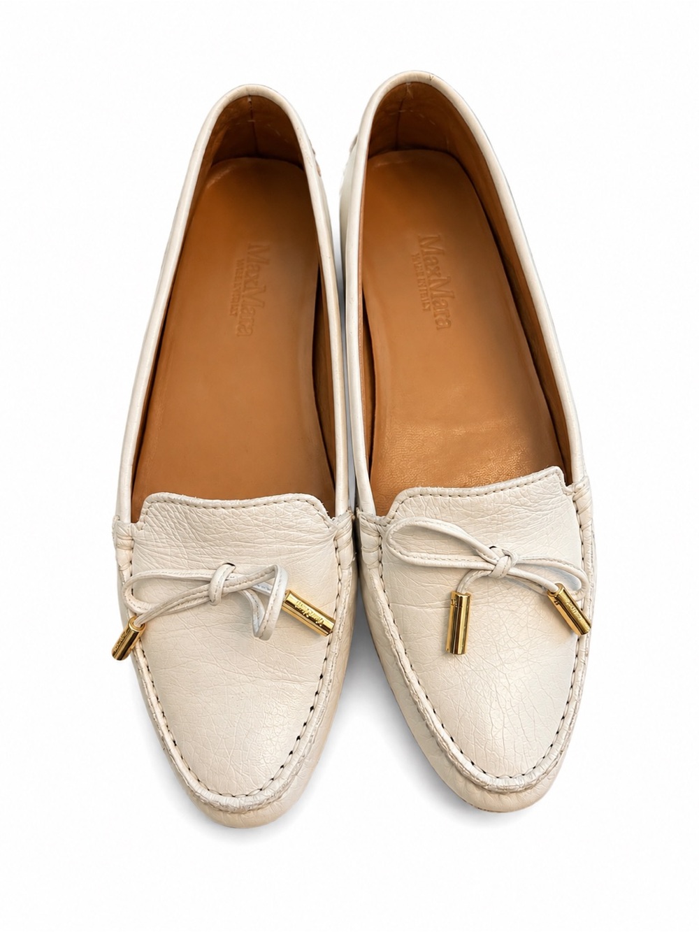 MaxMara White Leather Italian Bow-Accent Loafers